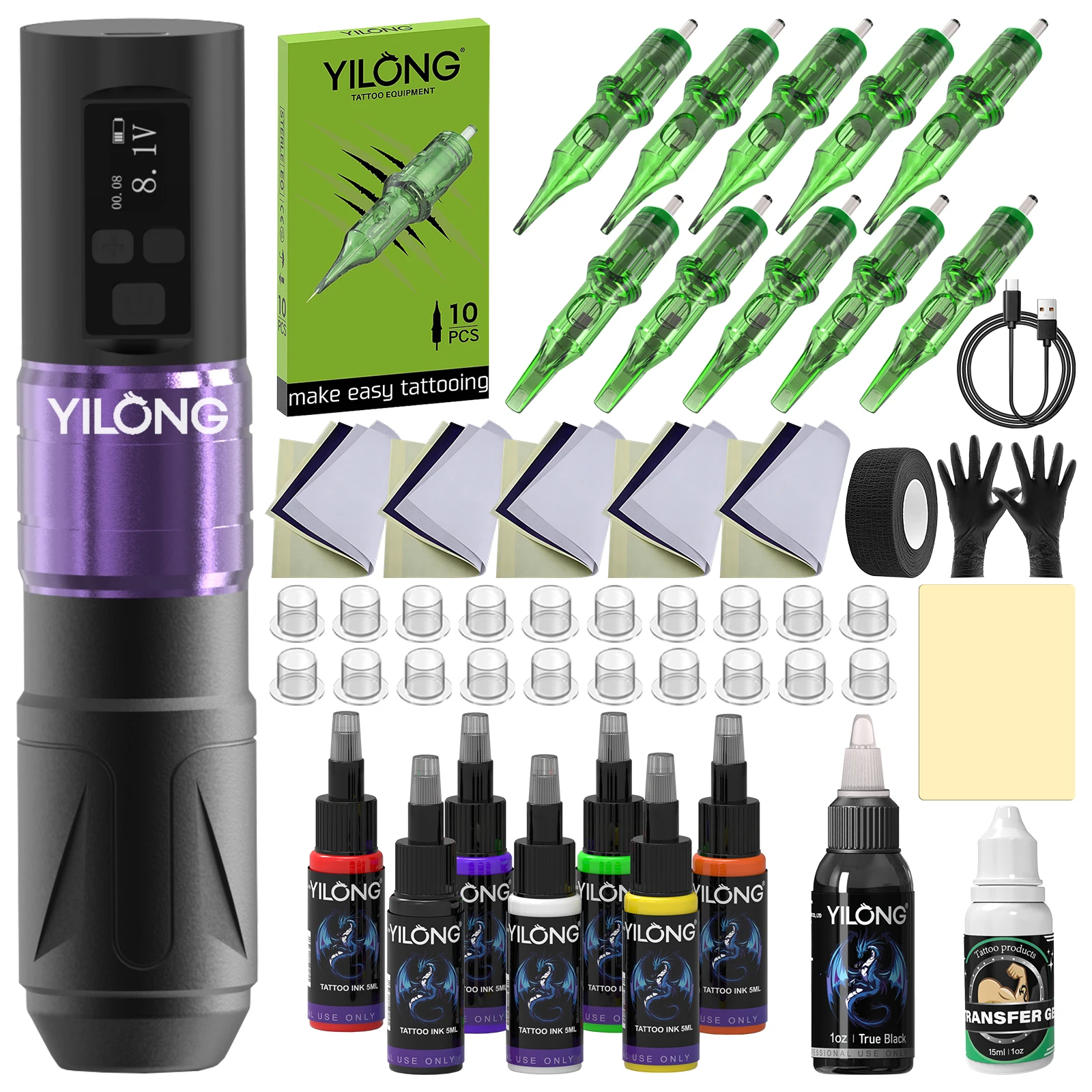 

YILONG Wireless Tattoo Pen Kit 1500mAh Battery dual modeTattoo Machine OLED screen Stroke 3.2mm for Beginners