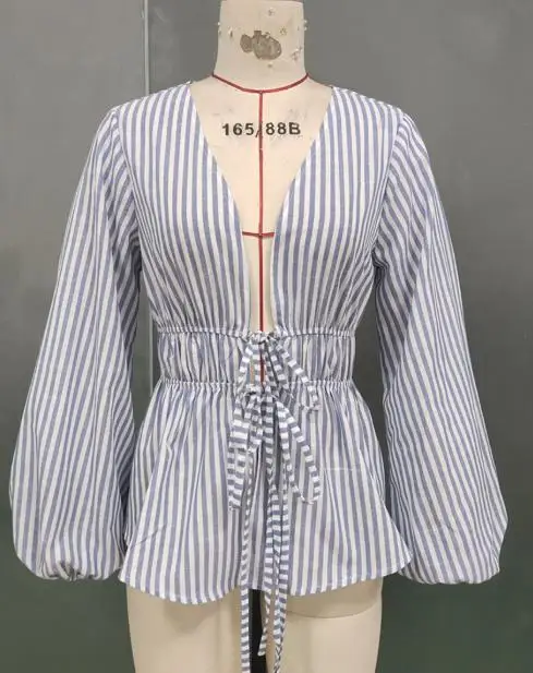 

Autumn New Striped Shirt Long Sleeved Lace Up Shirt Deep V-Neck Striped Printed Lantern Sleeve Women's Sexy Chiffon Shirt