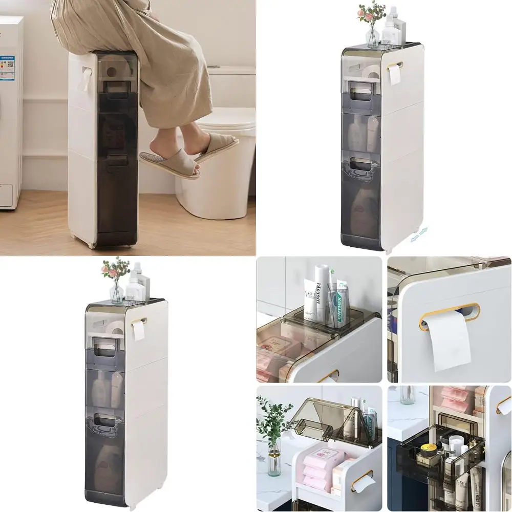 

Узкий 3-ярусный шкаф для ванной комнаты с прозрачными ящиками и колесиками для хранения полотенец в небольших помещениях