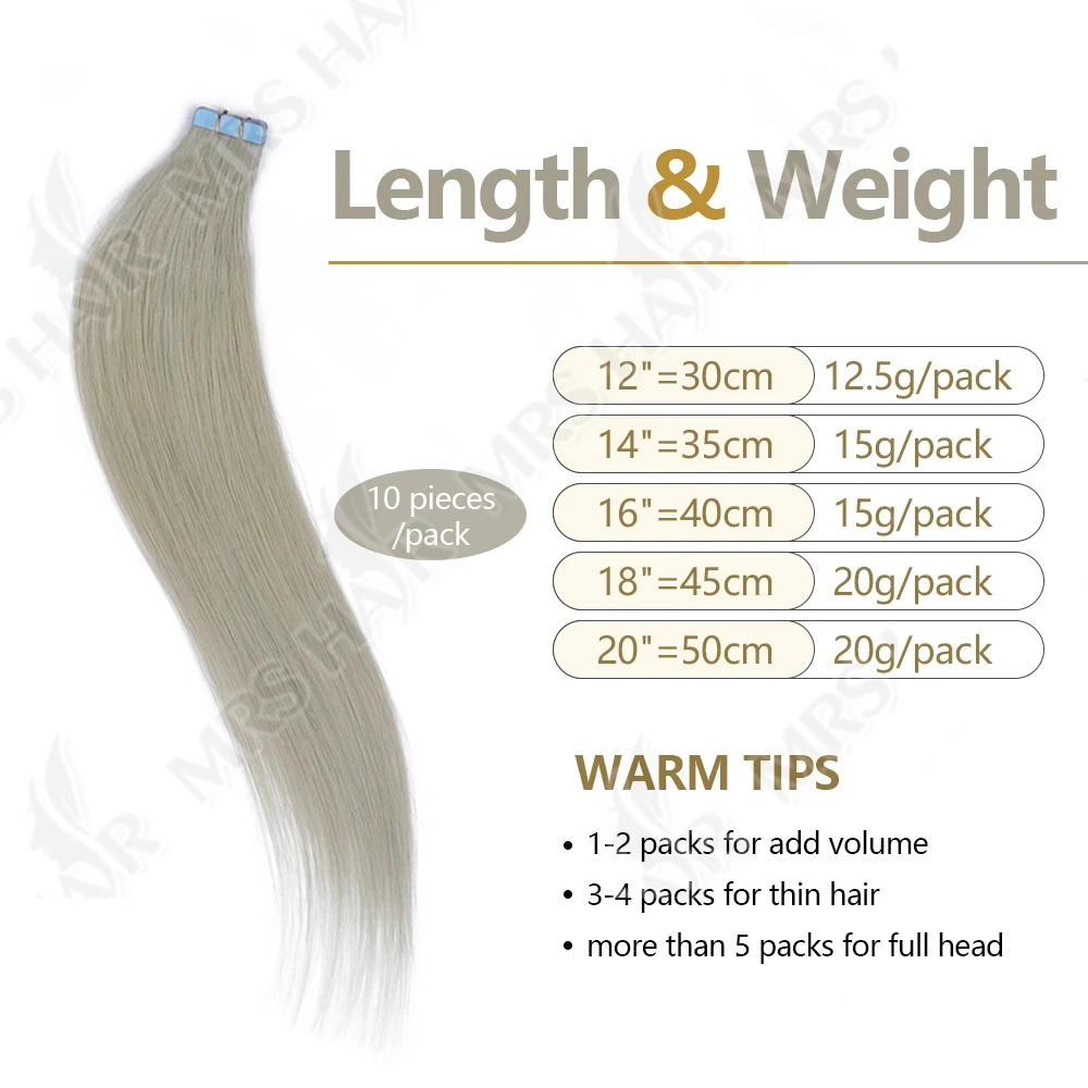 Mini fita em extensões de cabelo, máquina de trama de pele de cabelo humano-fita remy em extensões cinza 10 peças para fita lateral no cabelo 12-20 polegadas