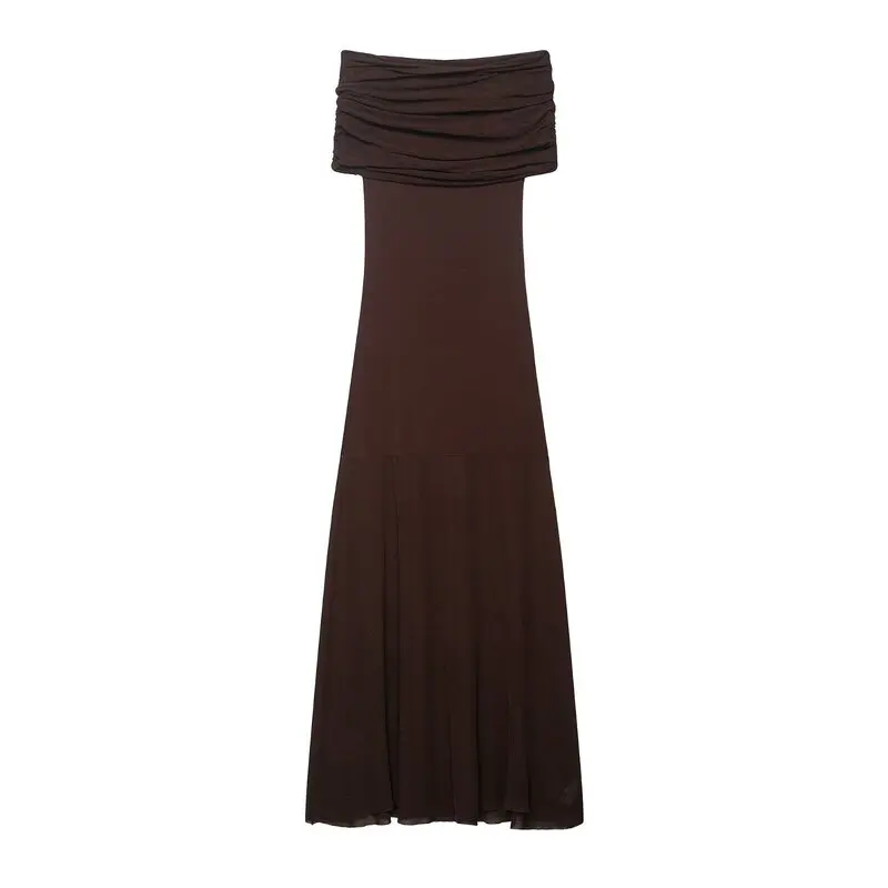 E Vestido Largo de Punto, Nuevo Otoño 2025, Moda Femenina, Hombro Caído, Casual, Manga Corta, Otro Material 00%