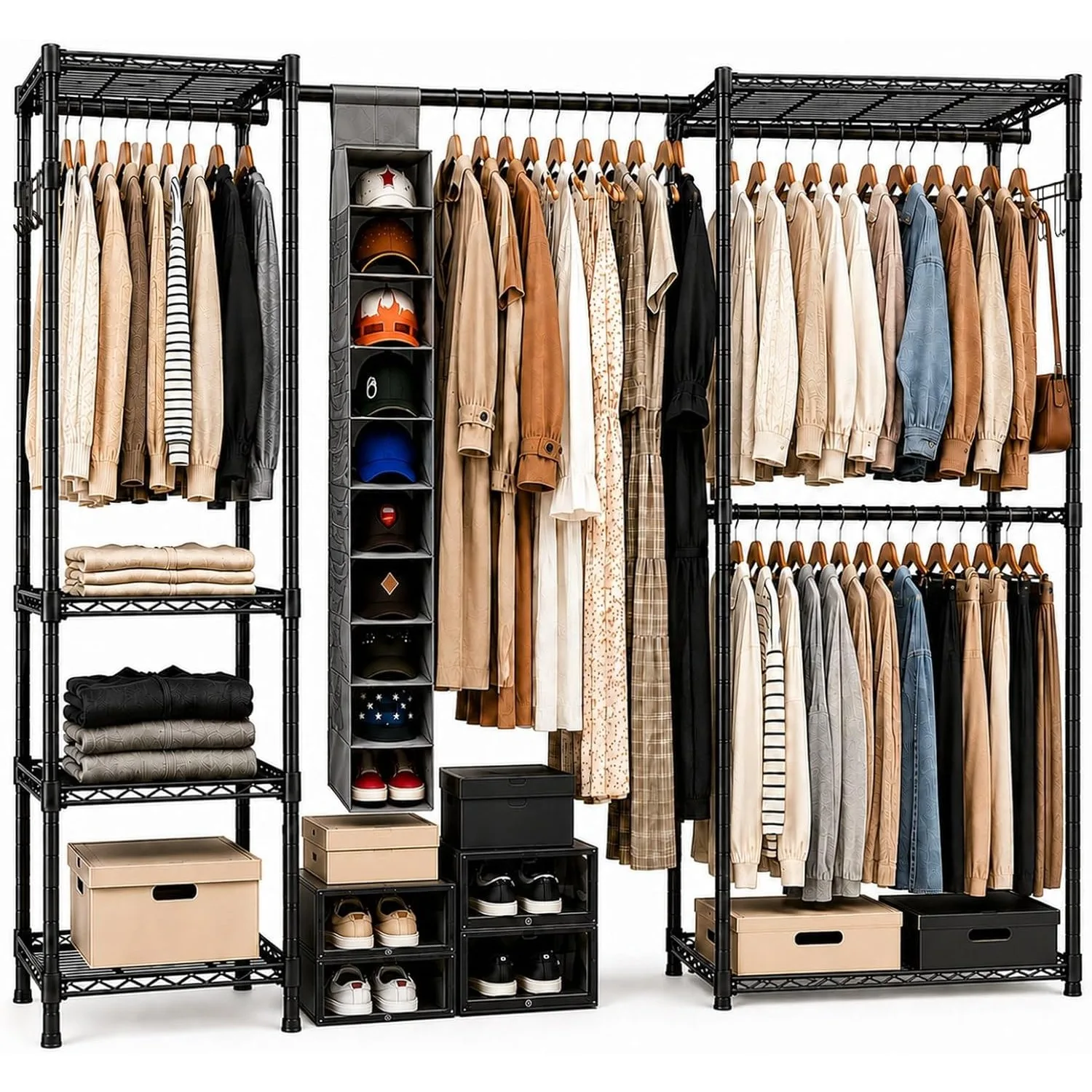 Heavy Duty Clothing Rack with Shelves and Hat Storage Bag, Expandable Garment Rack Closet Organizer, Metal Clothes Rack with Hanging Rods, Freestanding Open Wardrobe System for Bedroom