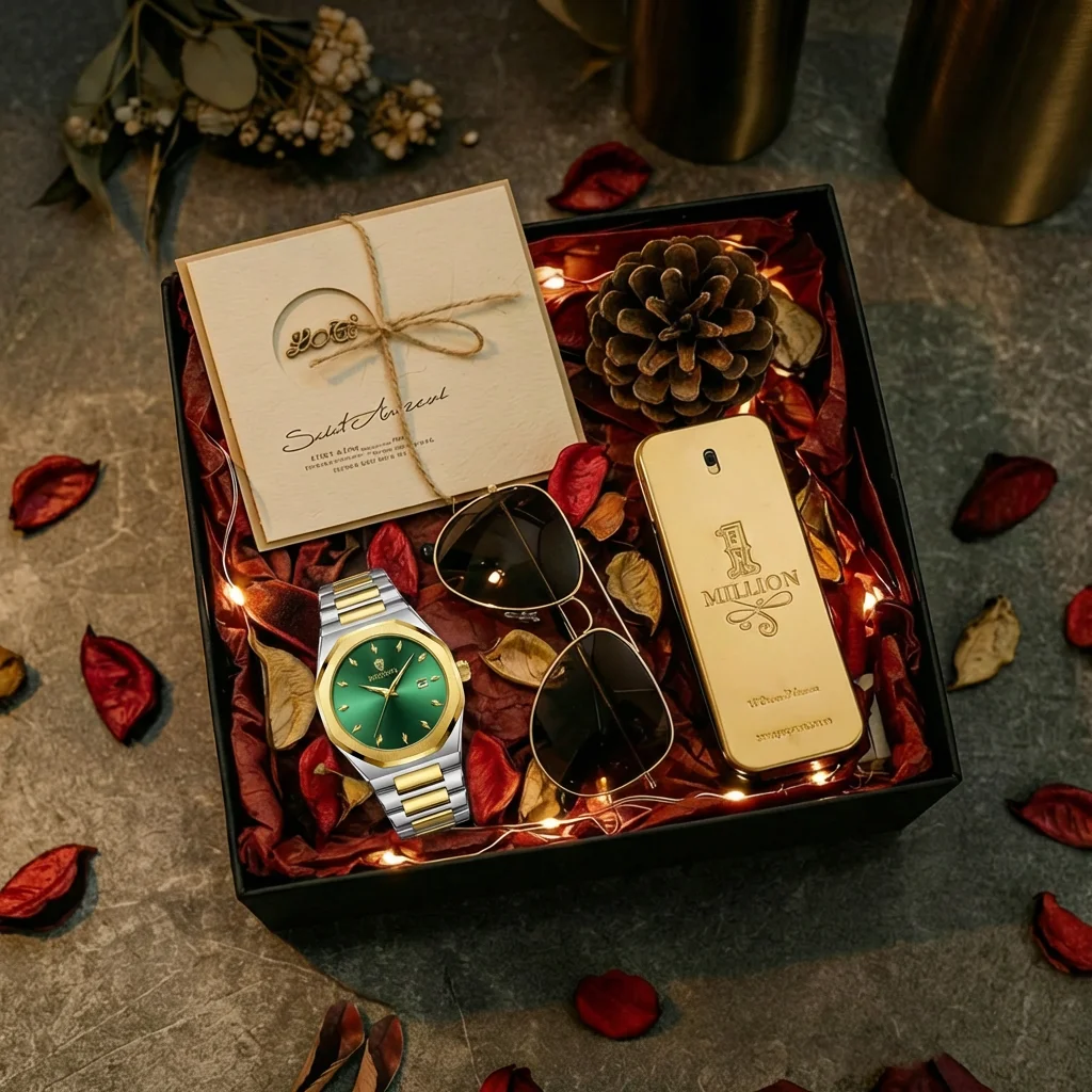 4pcs Men's Green Dial Two-tone Stainless Steel Luxury Diamond Accents Date Window Sunglasses Perfume Quartz Watch Gift Set