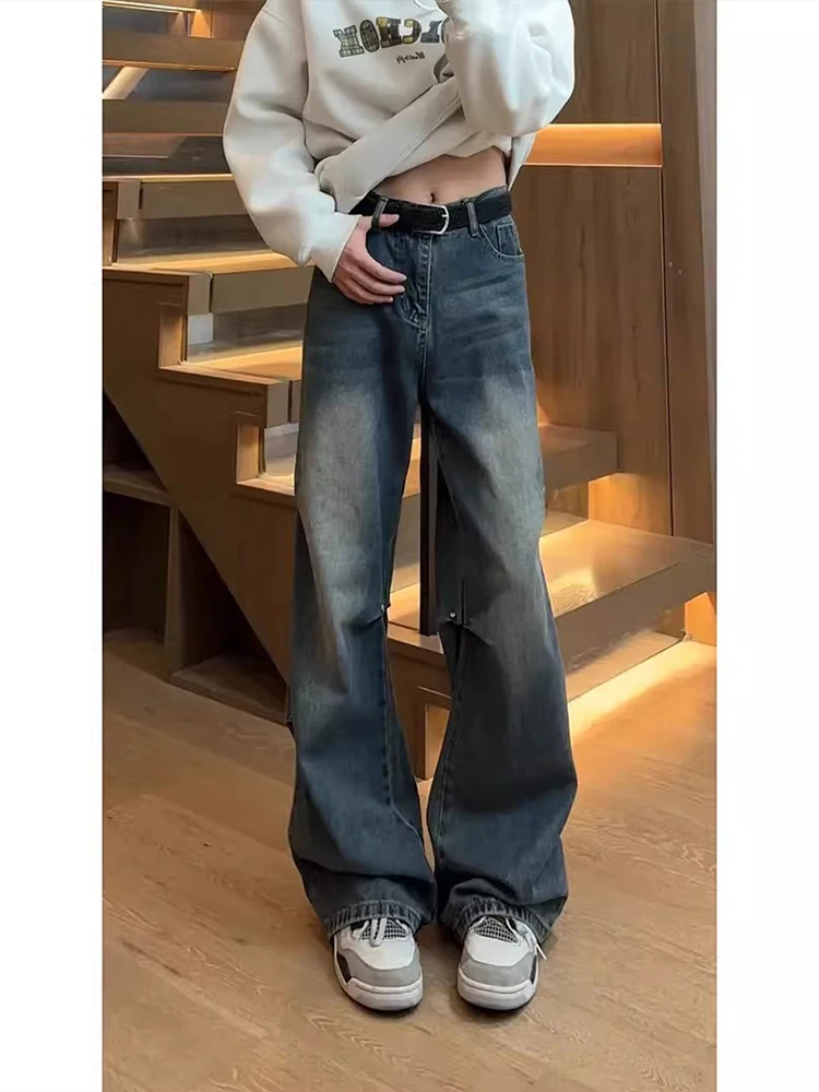 

American High Street Vibe Deconstructed Straight Leg Jeans Men's CleanFit Workwear Pleated Design Micro Flared Pants