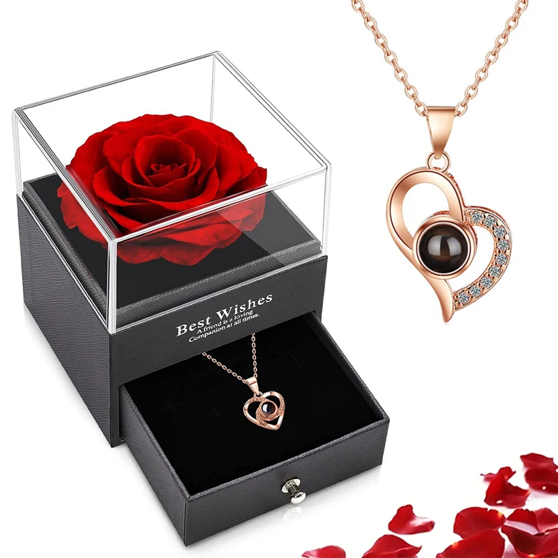 

Projection Necklace Set With Rose Gift Box 100 Languages I Love You Heart Pendant Jewelry 2023 Hot Sale Accessories Dropshipping