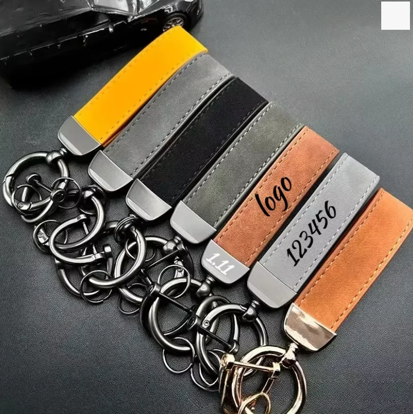 Custom LOGO Crazy Horse Leather Key Chains Blank Laser Engrave Keychain Personalize Holder Vintage Keyring Company Name Number