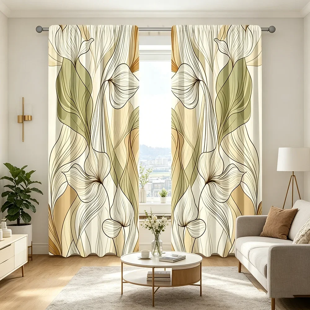 2PCS Digital Printed Curtains, Line Art Calla Lily Minimalist Floral, Window Treatments for Living Room Bedroom Home Decoration