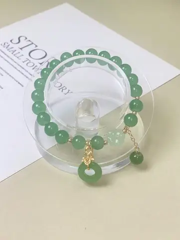 Green Jade Beaded Charm Bracelet With Lucky Pendant For Women