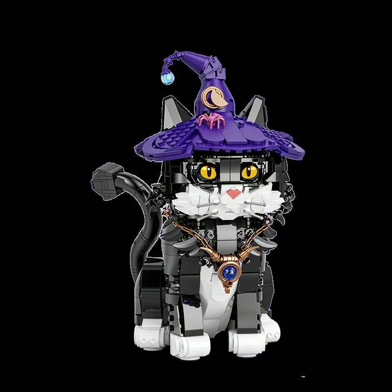 1128-teiliges Magic Cat-Baustein-Set, kreatives Tiermodell, bezauberndes Sammlerstück, mit lila Hexenhut und kleinem Laternenzubehör, Ausstellungsmodell für Fantasy-Enthusiasten, perfektes Geschenk für Männer und Frauen, die Katzen lieben