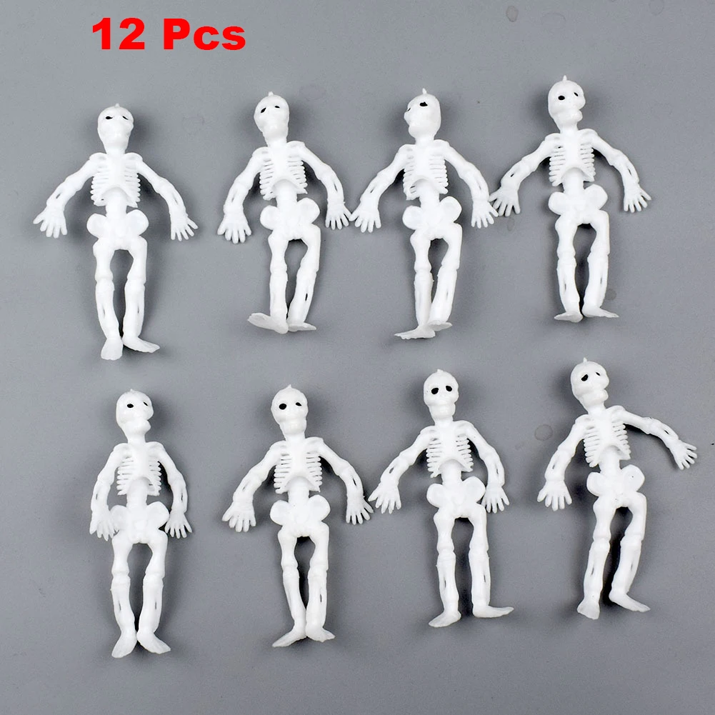 12 Pcs nowość zabawny nowy Mini dowcip TPR biały szkielet ludzki szkielet symulacja Model szkieletu Halloween dzieci dowcip straszne zabawki