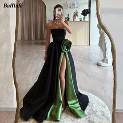 Bafftafe Black Green Satin Long Prom Dresses 3D Flowers High Slit Women Formal Party Gowns Sweep Train Evening Dress Customized