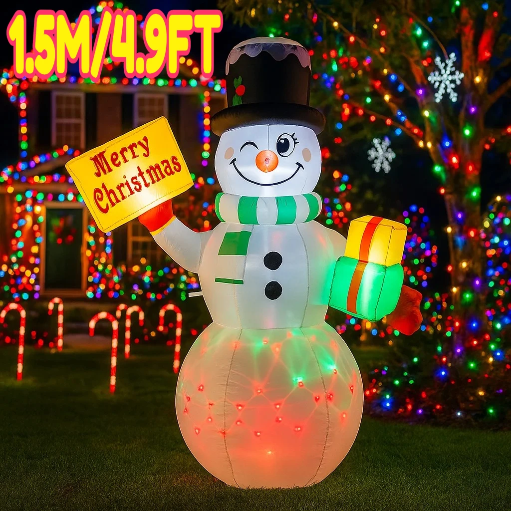 1.5M/4.9FT Opblaasbare Kerstsneeuwman Holding Teken Licht LED Woondecoratie Speelgoed Tuin Kerstvakantie Benodigdheden Outdoor Gazon Decor