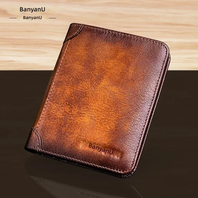 Arrival Men's Short Genuine Leather Wallet Anti-theft Ultra Slim Layer Cowhide Multi Card Slot Casual Bi-fold Purse