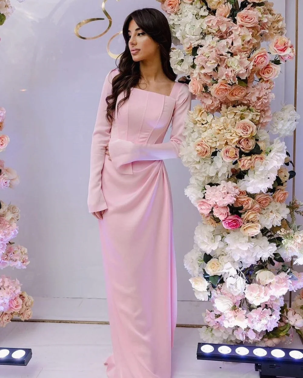 تخصيص الأحجام المطابقة المتاحة بسيطة جيرسي الطية Ruched مستقيم ساحة الرقبة فساتين طويلة مخصص فساتين المناسبات الرجعية #1