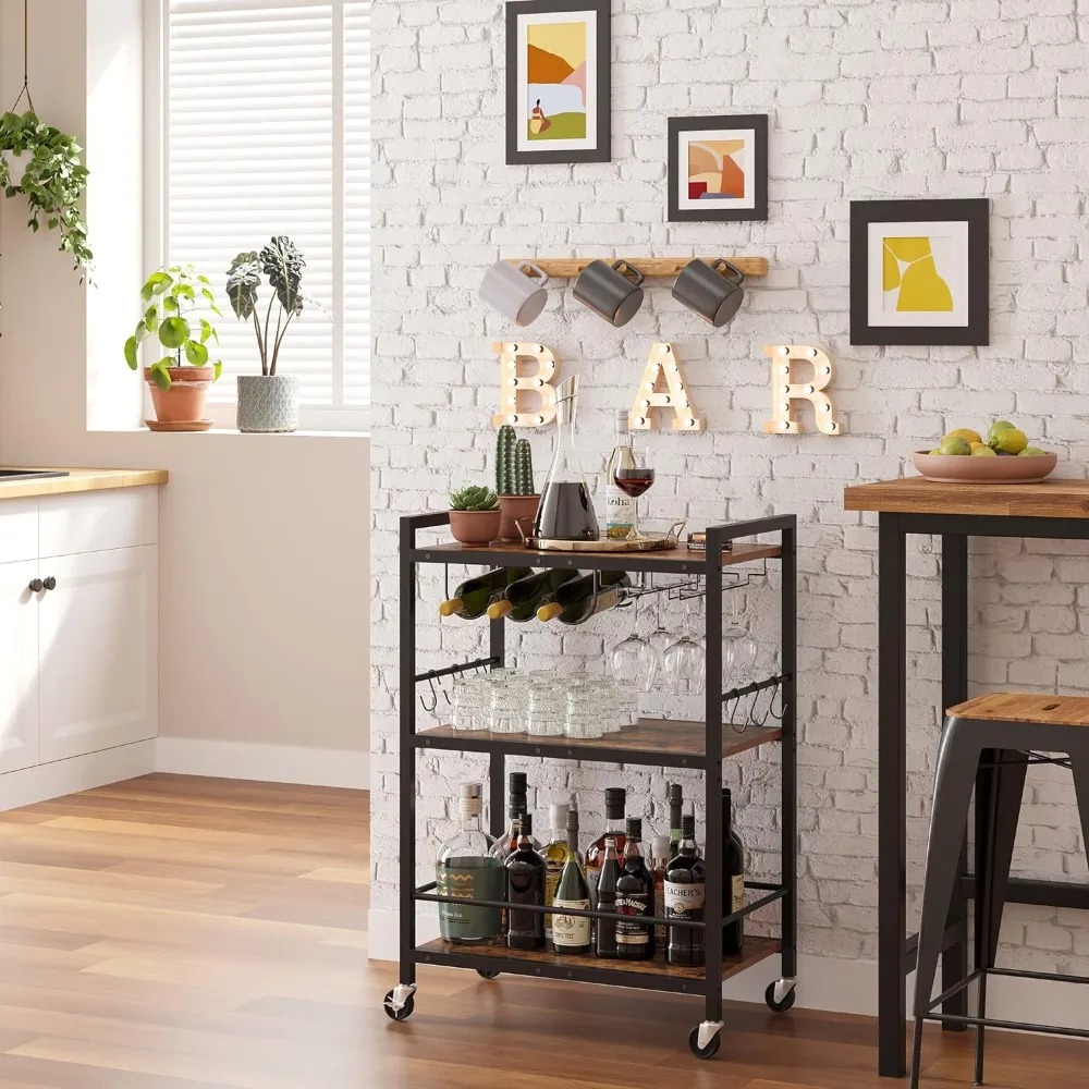 Bar Cart, Serving Cart for Home, Microwave Cart, Drink Cart, Mobile Kitchen Shelf with Wine Rack and Glass Holder