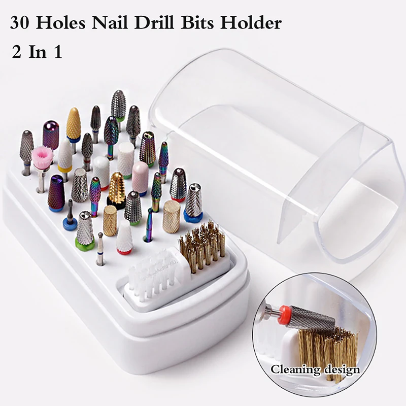 White 30 Holes Nail Drill Bits Holder Clear Dust Proof Drill Bit Case for Acrylic Nail Drill Bits Storage Nail Tools With Brush