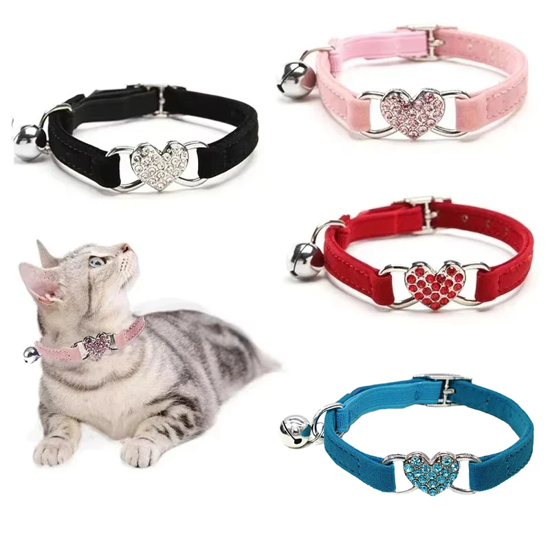 Cat Collar Adjustable Soft Love Collars Bling Rhinestone Necklace With Bell For Small Dogs Kittens Cat Supplies   collar gato