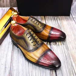 Sapato Oxford de couro de novilho masculino 100% artesanal, cores misturadas, laço para cima, brogue luxuoso, festa de casamento, sapatos formais, dedo do pé