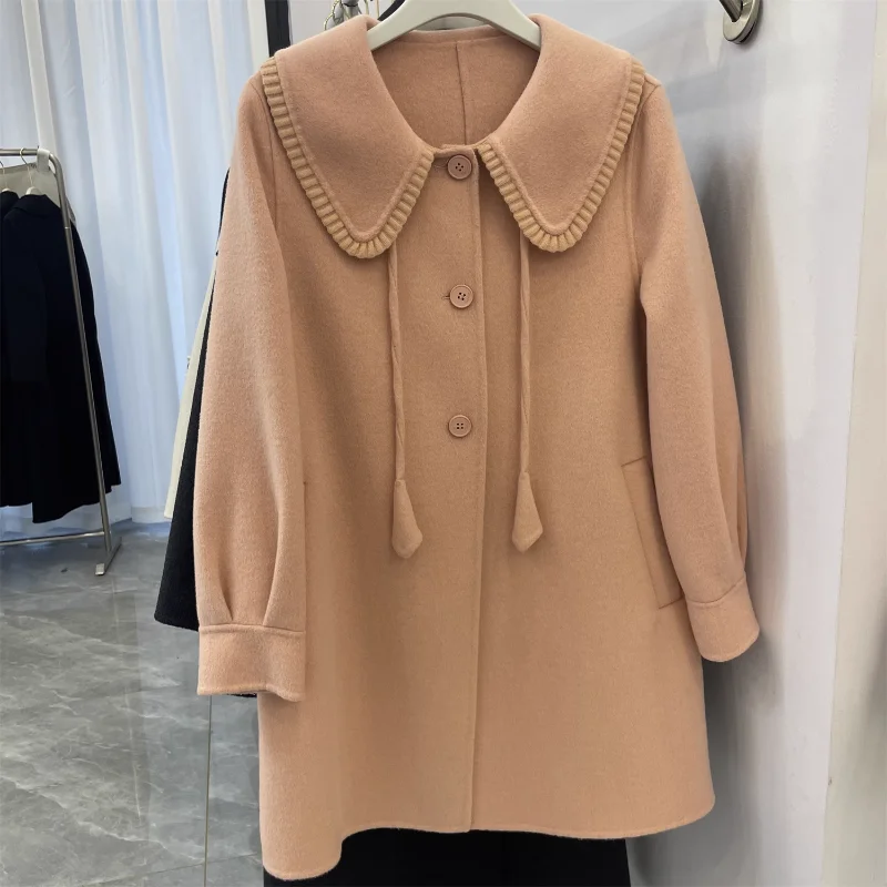 RosEvans High-end Double-sided Cashmere Coat Pink Wool Jacket Women Butterfly Buckle Autumn Winter Wool Coats and Jackets Women