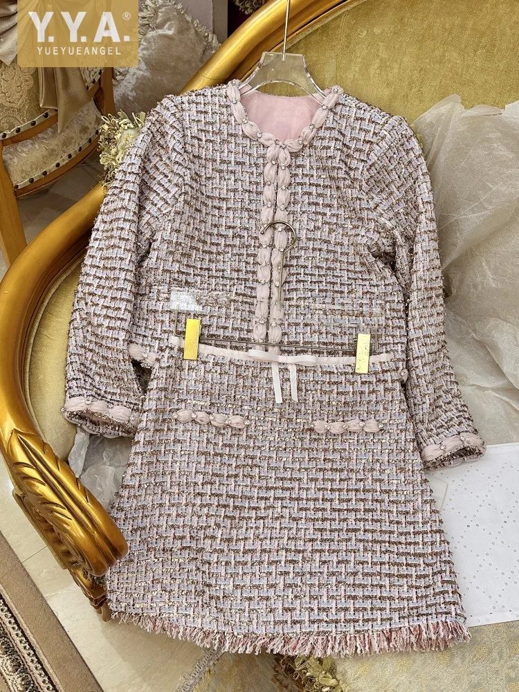 Autumn Winter Office Women Mixed Color Fit Sets Golden Silk O Neck Two Piece Set Tweed Jacket Slim Half Skirt Set Elegant Lady