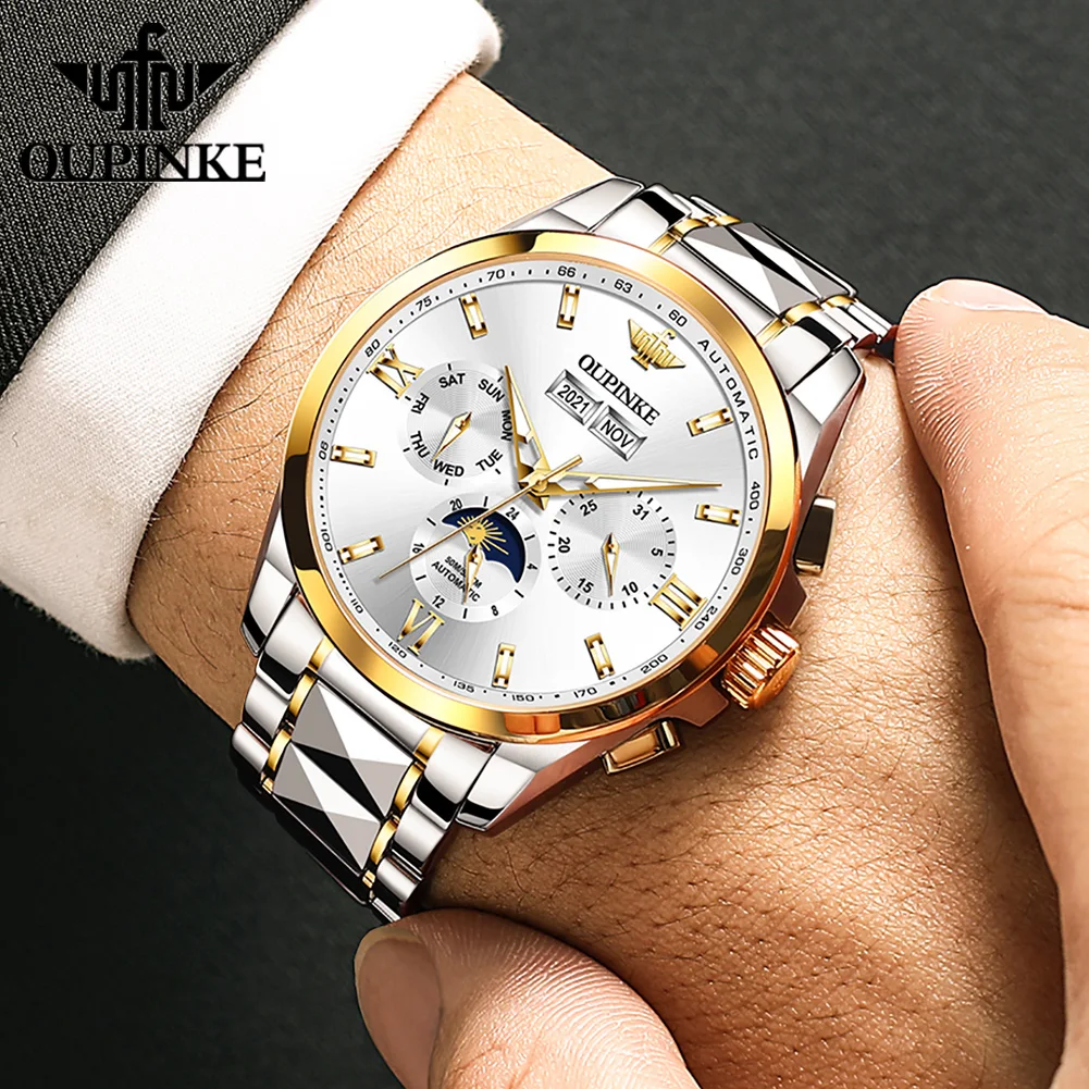 OUPINKE 3201 Auto Date Mechanical Watch For Men Moon Phase Deep Waterproof Dress Hand Clock Luxury Original Man Automatic Watch