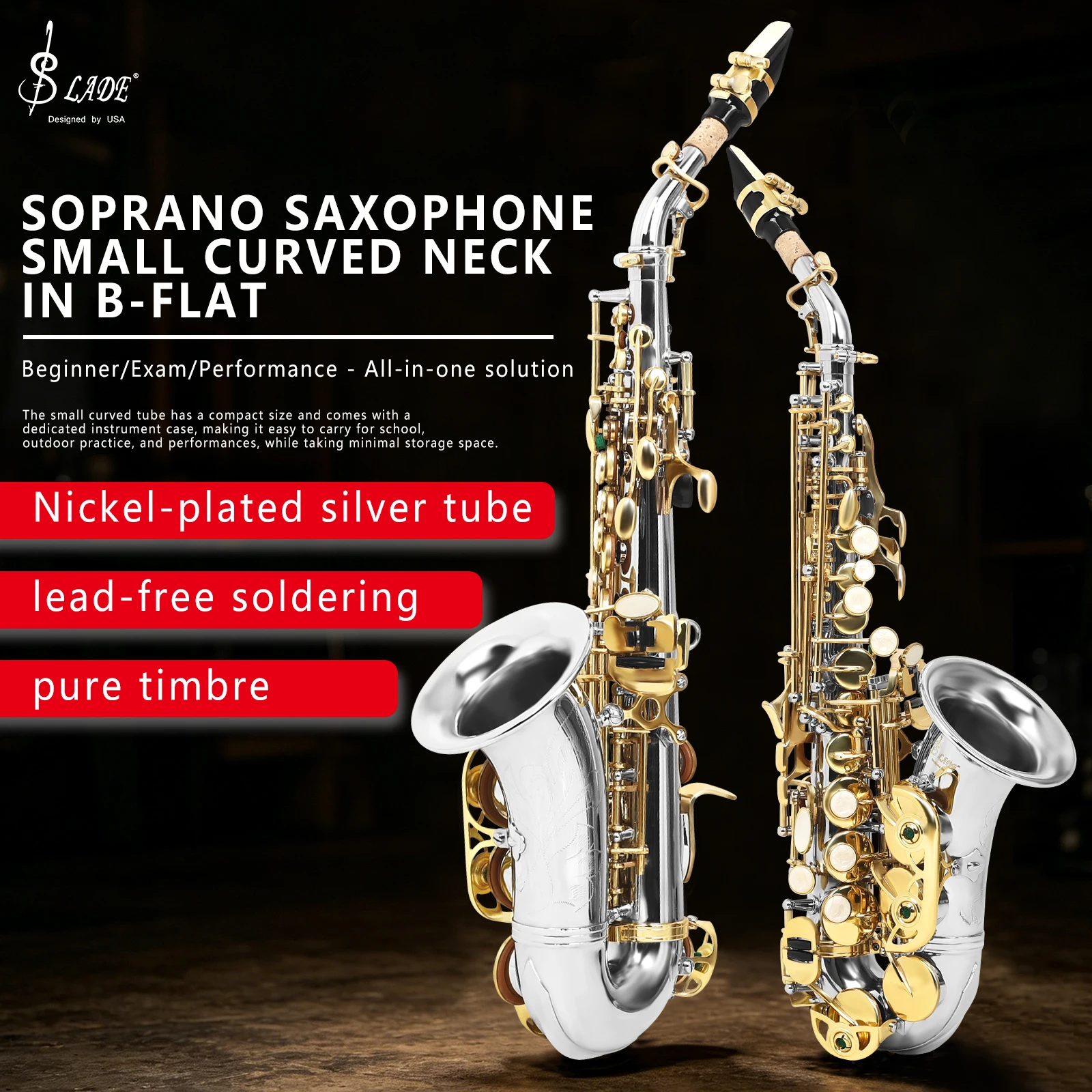 SLADE S80 Soprano Saxophone Brass Body Sax Silver Golden Keys Bb Saxofone Woodwind Instrument with Case Reeds Gloves Accessories