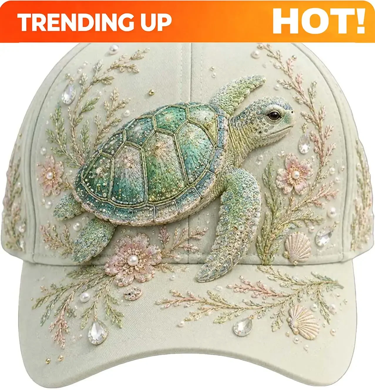 3D Ocean Creatures Embroidery Cap, Adjustable Cotton Baseball Cap, Raised Embroidered Sea Animal Hat For Beach Travel Custom Cap