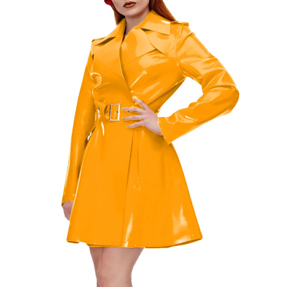 Women's Shiny PVC Leather Belted Trench Coat, Casual Long Sleeve, Turn-down Collar Coats, Large Size, Latex Look Jackets