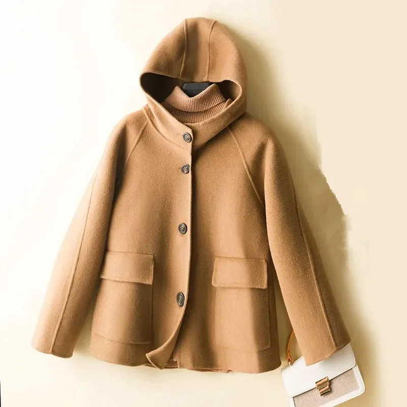 

High-End 100% Double-Sided Woolen Coat Women Autumn Winter Fashion Hooded Short Wool Jacket Female Loose Outerwear JJ179