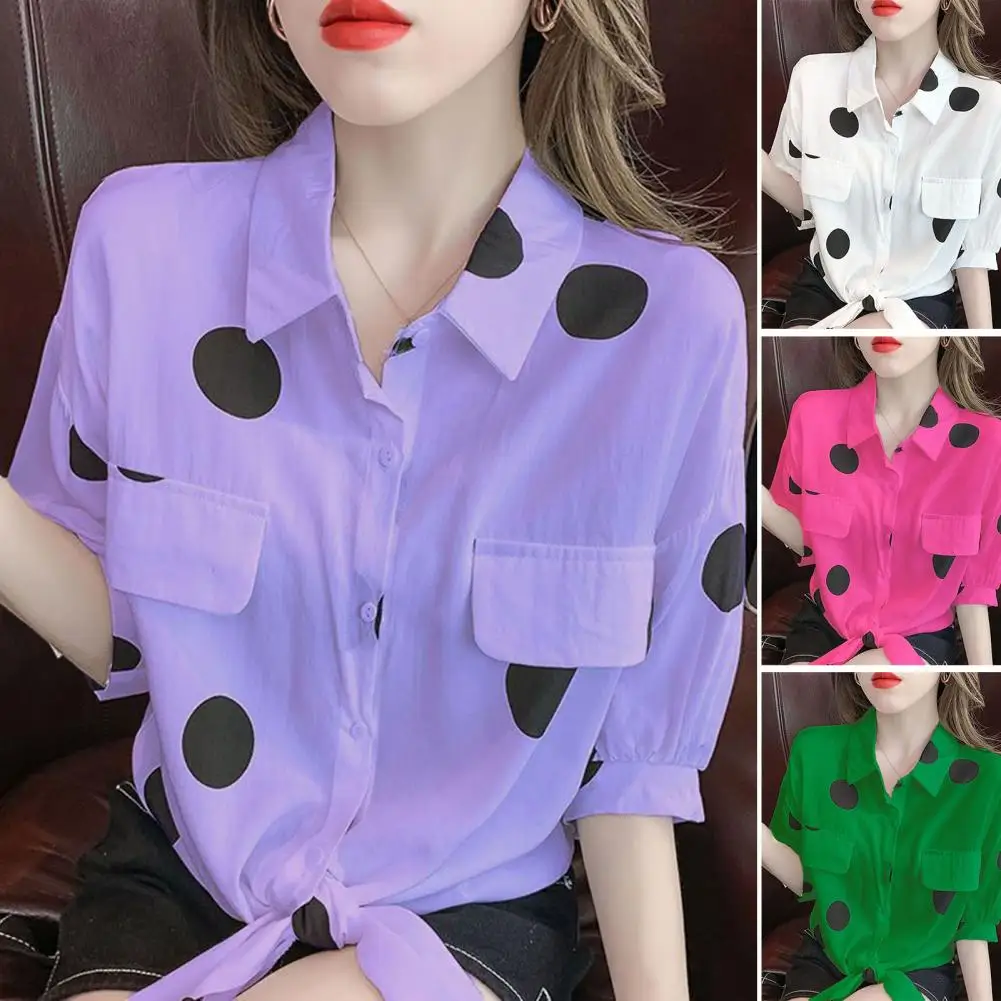 Dot Print Shirt Loose Fit Lapel Long Sleeve Women\'s Shirt Single Breasted Workwear with Fake Flap Pockets Featuring Dot Print