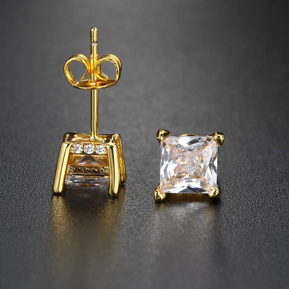 Square Crystal Studs Earrings Men Vintage Simple 4 Claws AAA+ Cubic Zirconia Hiphop Accessories Gold Color Ear Jewelry OHE147