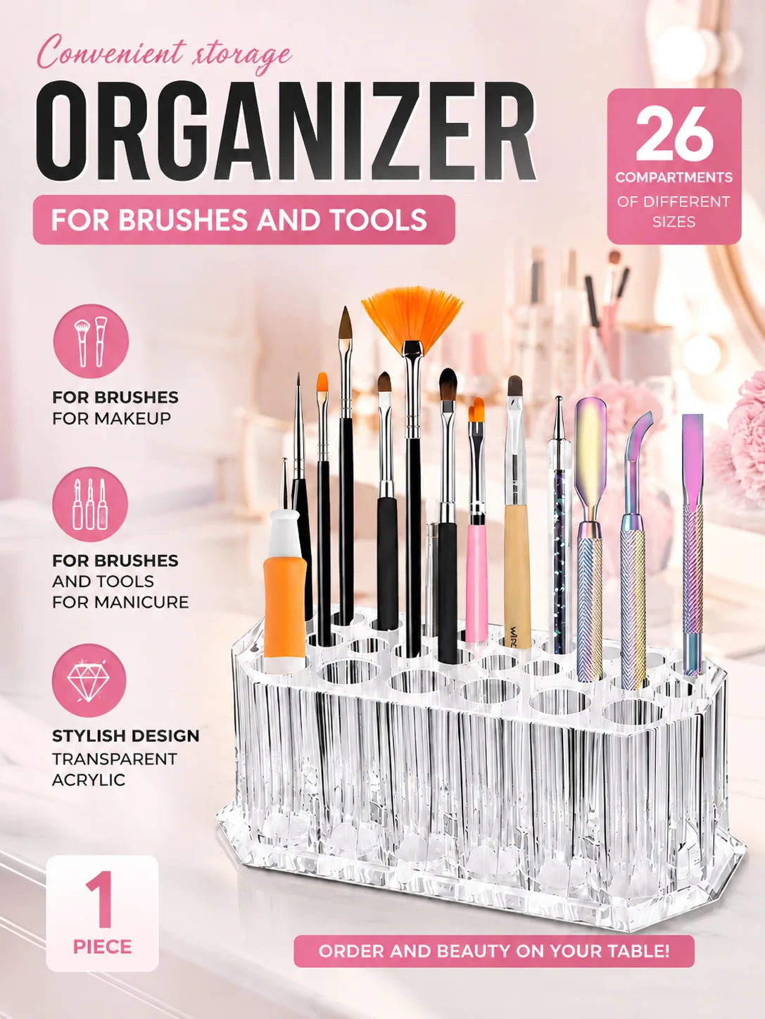 1pc Clear Acrylic 26Hole Brush Stand Multifunctional Makeup Brush Holder Display Case for Nail Art Tools and Cosmetic Brushes
