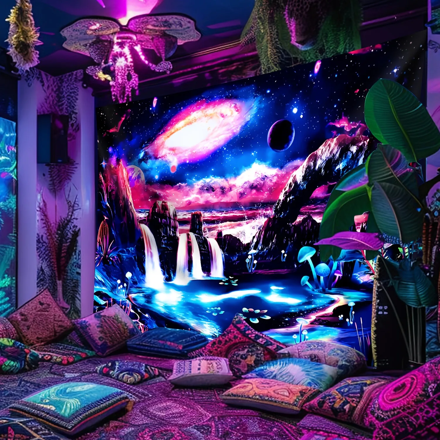 Interstellar Waterfall Galaxy Fluorescent Tapestry Dive into the UniverseUV tapestry wall hanging bedroom home party decoration