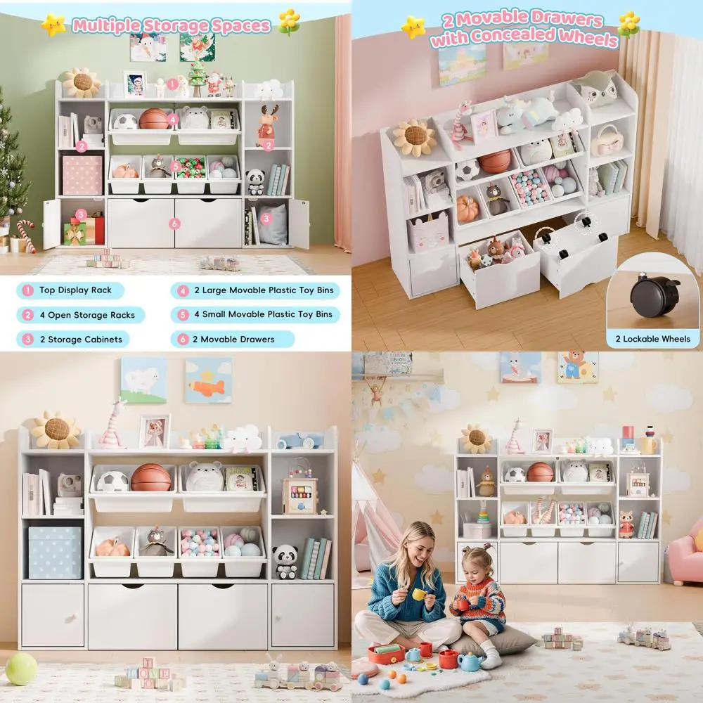 

4-уровневый органайзер для детских игрушек с 6 съемными контейнерами, решение для хранения книг и игрушек в игровой комнате, белый цвет