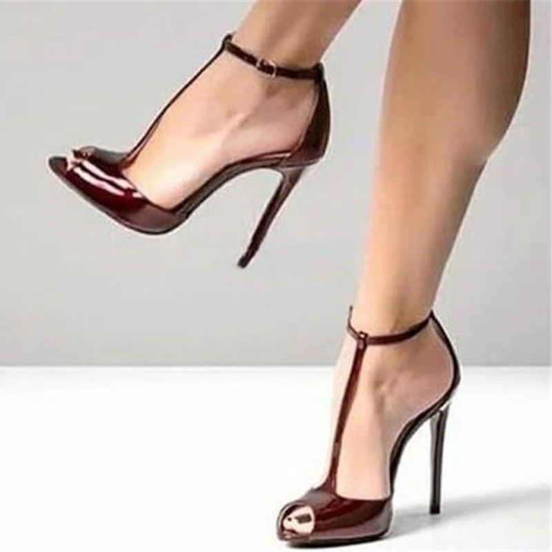 

Summer Sexy T-Strap Women Peep ToeStiletto Heel Sandals Wine Red Ankle Strap 12 cm High Heels Formal Pumps Dress Shoes