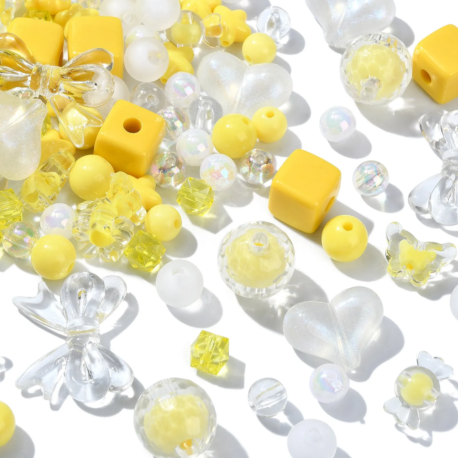 Pandahall 250Pcs Yellow Series Acrylic Beads Kit Yellow Acrylic Plastic Bow Heart Round Beads Bulk for Jewelry Making DIY Crafts