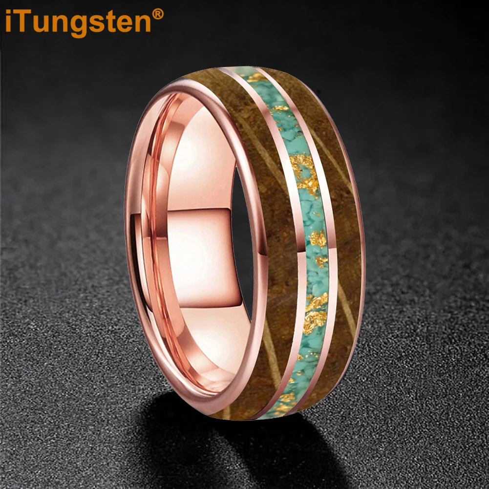 iTungsten 8mm - Unisex Tungsten Carbide ring Men’s Women’s Wedding Bands With Whiskey Wood And Turquoise Gold Foil Inlay view 5