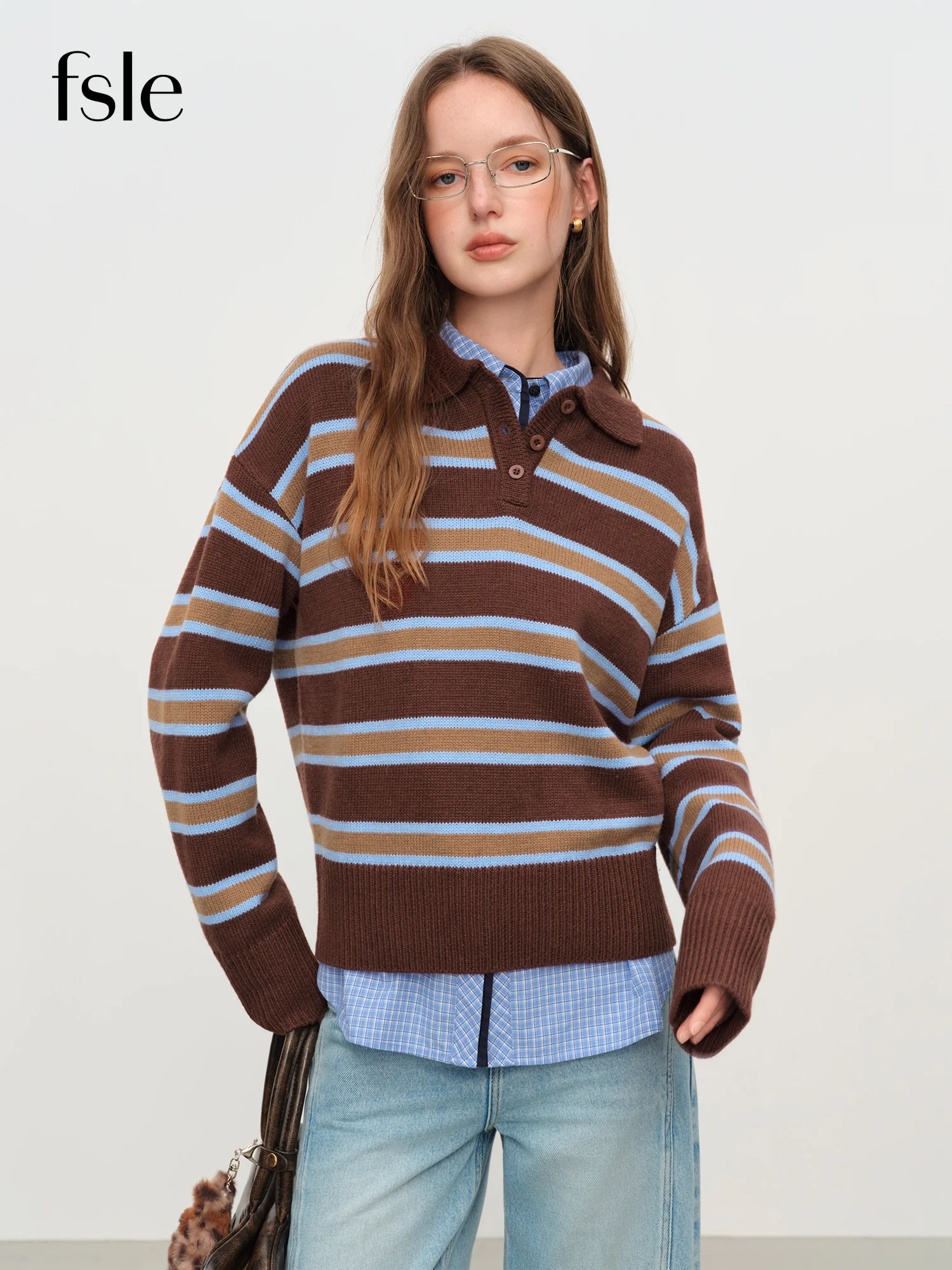 

FSLE повседневный полосатый свитер контрастного цвета с отложным воротником, женский свободный свитер зимы 2025 года, новый ретро-свитер, мягкая уютная домашняя одежда