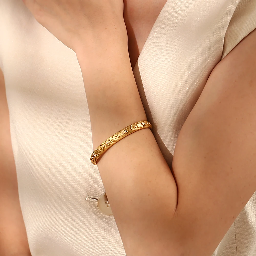 E.B.belle Classic Sun Moon Star Opening Bracelet Chunky 18 Gold Plated Tarnish Free Stainless Steel Jewelry