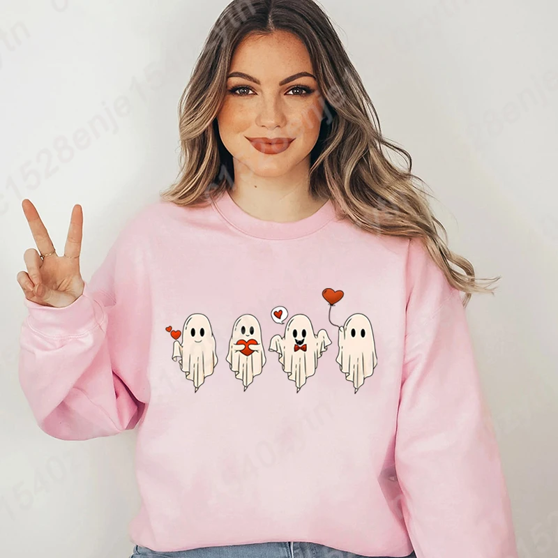 

Valentine's Day Ghost Print Women Pullover Autumn And Winter Loose Ladies Long Sleeve Sweatshirt Solid Color Hoodless Sweatshirt