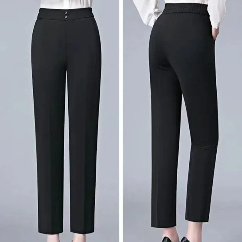 Spring Autumn Women's Solid Color Button Elastic High Waist Pockets Casual Trousers Straight Trouser Suits Comfortable Pants