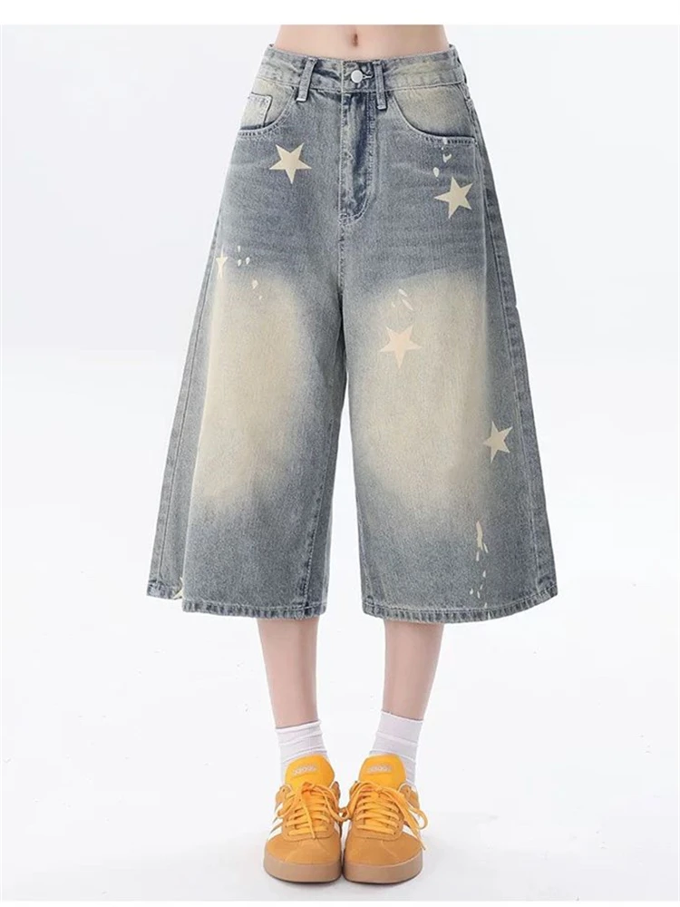 Damskie spodnie jeansowe z szerokimi nogawkami do łydki z nadrukiem gwiazd, letnie szorty dla młodych dziewcząt, damskie spodnie typu capri z wysokim stanem.
