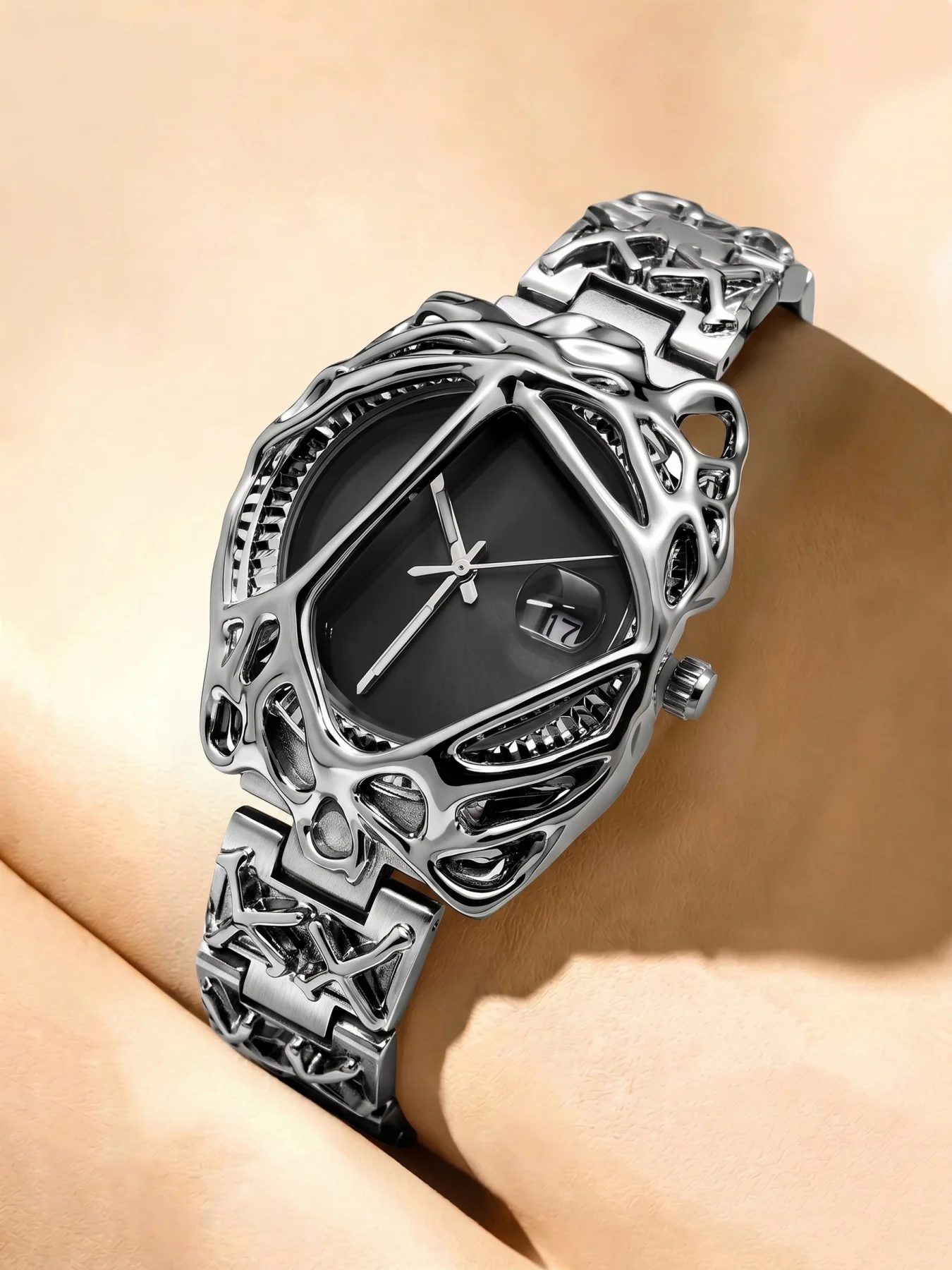 Light Luxury Irregular-Shaped Men's Quartz Watch, 3D Fluid Case, Butterfly Clasp Strap, Calendar, Waterproof Business Men's Wristwatch, High-End Niche Trendy Brand Men's Watch, Versatile Trendy Men's Quartz Wristwatch for Gift-Giving