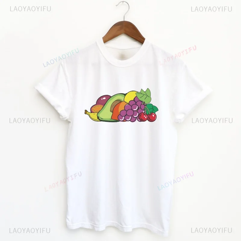 Vintage 70s Fruits Woman Printed T-shirt Fresh Fruit Illustration Cherries Cotton T Shirts Grapes Avocado Lemon Orange Tops Tee