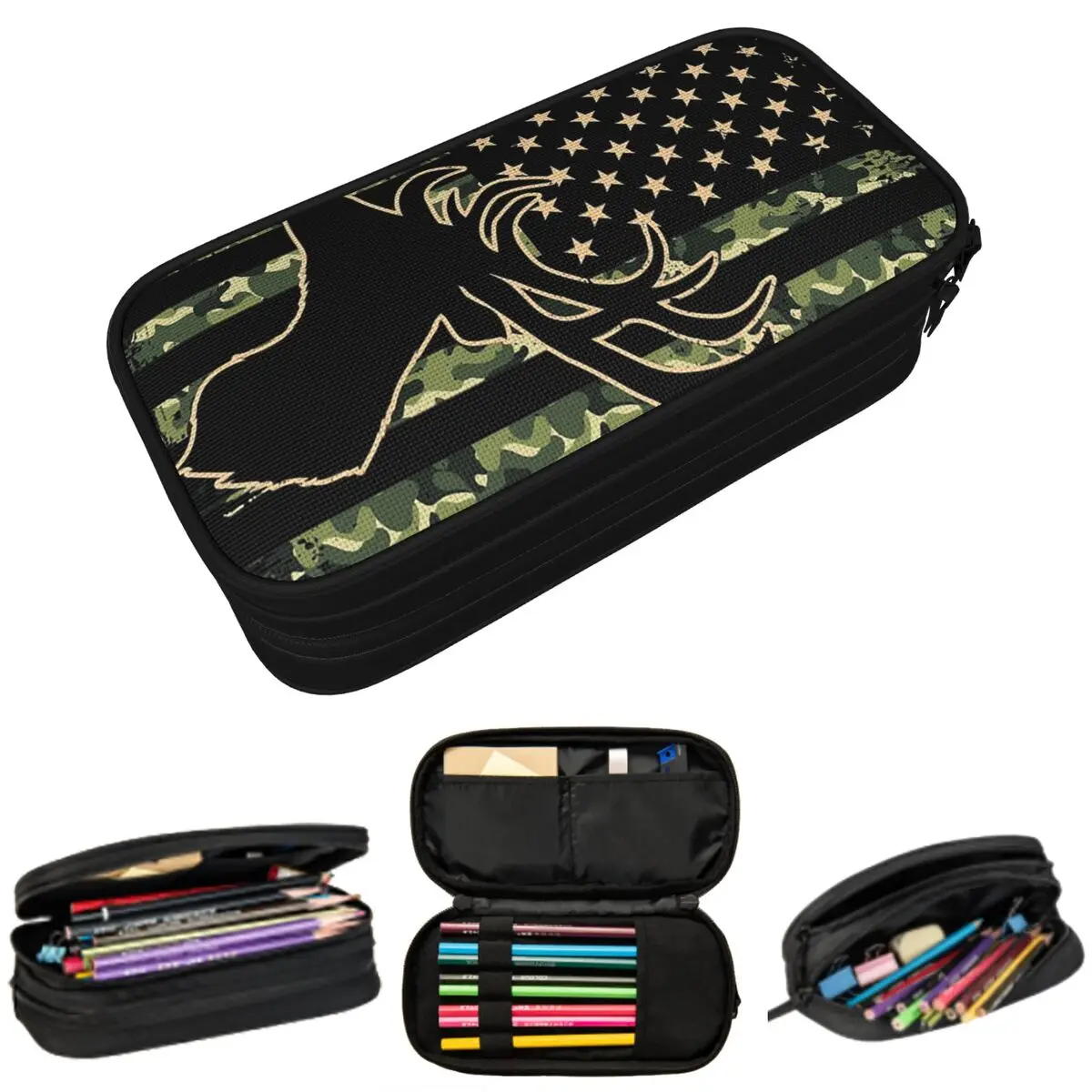 

Camo With American Flag And Deer Hunting Pencil Case for Studen School Pen Box Pencil Bag Stationery Supplies Pen Holder Bag