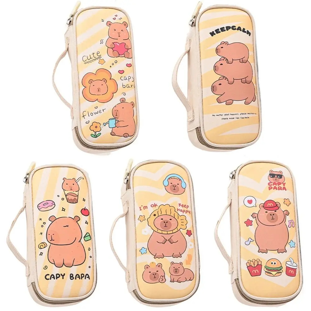 Gifts Canvas Capybara Pencil Bag Large Capacity Three-layer Stationery Box Cute Cartoon Pencil Cases