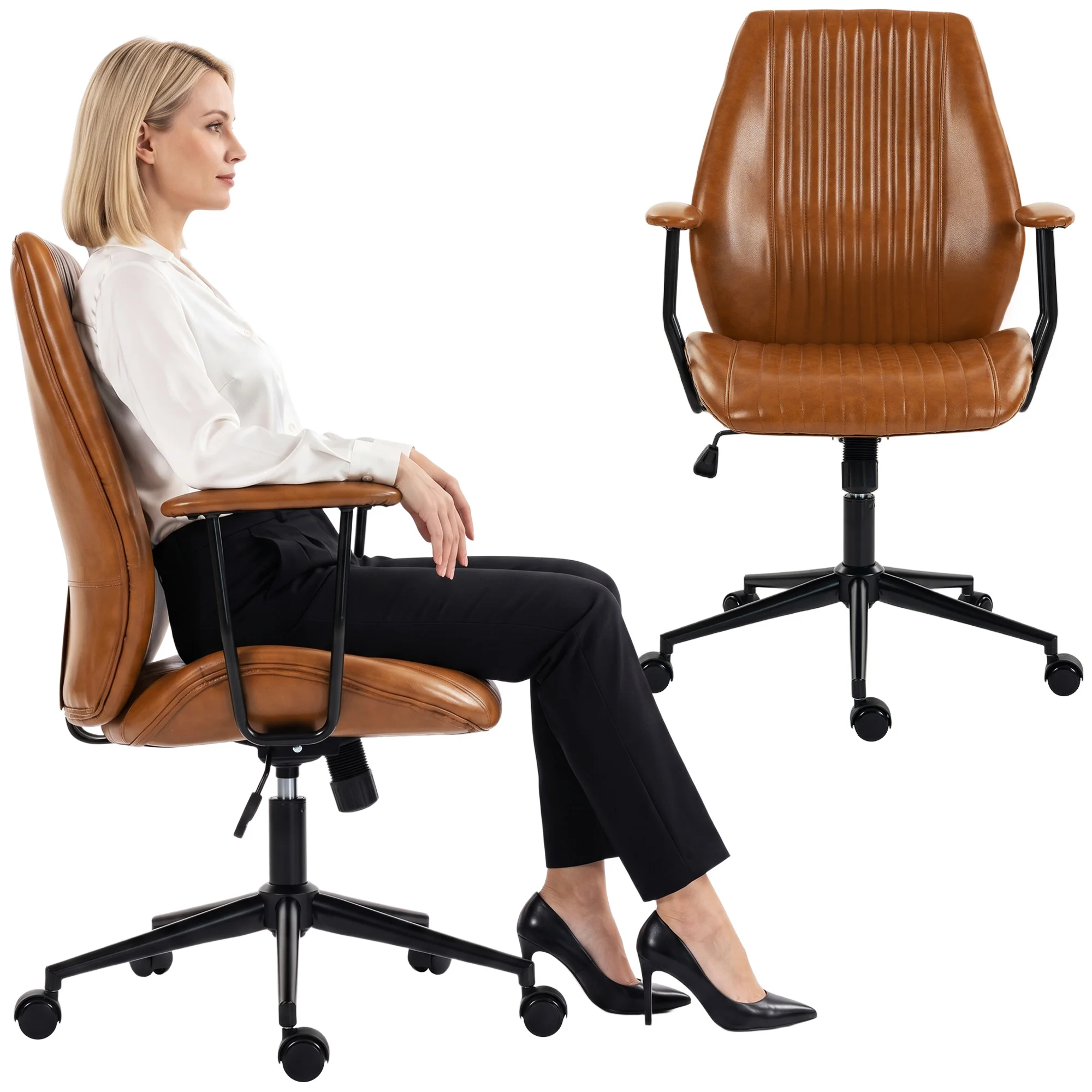 HOMCOM Home Office Desk Chair, PU Leather Computer Chair with Padded Arms, Mid Back, 360° Swivel, Adjustable Height, Tilt Function, Rolling Wheels, Vintage Style for Task, Study, Work, Brown