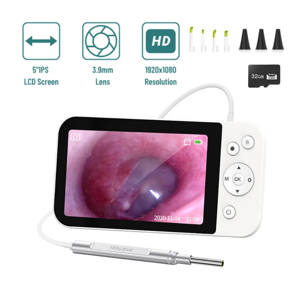 

3.9mm Digital Otoscope Visual Video Ear Cleaning Endoscope 1080P HD 5" IPS Screen with 32GB TF Card Medical Ear Cleaner Tools