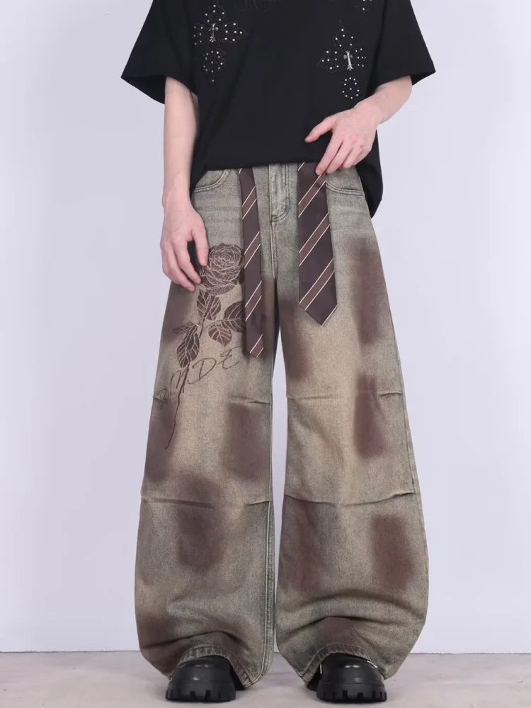 

2026 American Retro Y2K Style Dirty Washed Blue Baggy Pleated Jeans Pants For Men Clothing Wide Leg Distressed Denim Trousers
