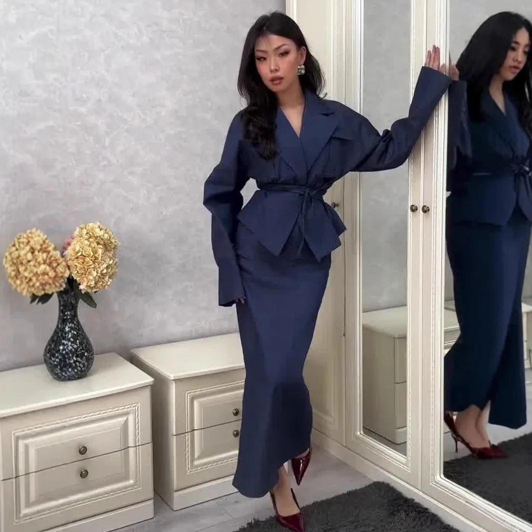 Elegant Long Sleeve Lace-up Shirt With High Waist Long Skirt Set For Woman Temperament Spring Office Lady Outfits